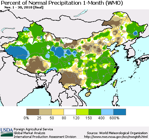 China and Taiwan Percent of Normal Precipitation 1-Month (WMO) Thematic Map For 11/1/2018 - 11/30/2018