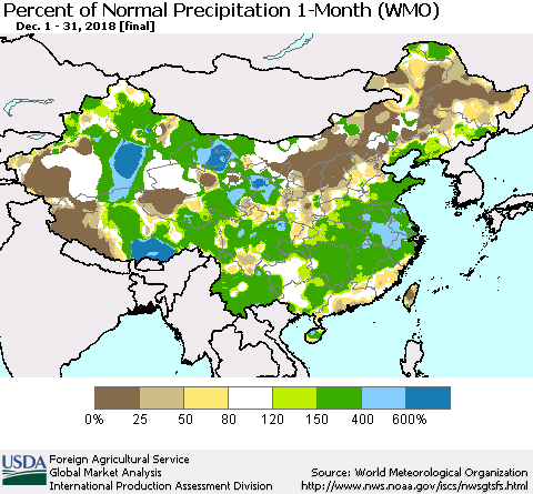 China and Taiwan Percent of Normal Precipitation 1-Month (WMO) Thematic Map For 12/1/2018 - 12/31/2018