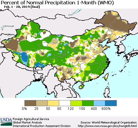 China and Taiwan Percent of Normal Precipitation 1-Month (WMO) Thematic Map For 2/1/2019 - 2/28/2019