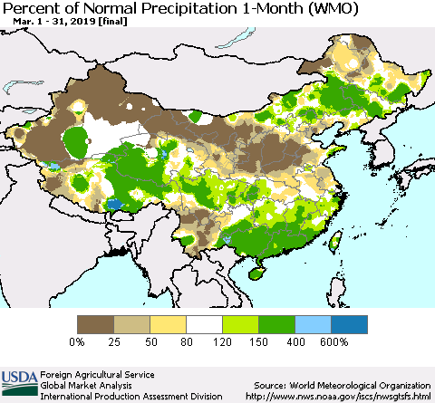 China and Taiwan Percent of Normal Precipitation 1-Month (WMO) Thematic Map For 3/1/2019 - 3/31/2019