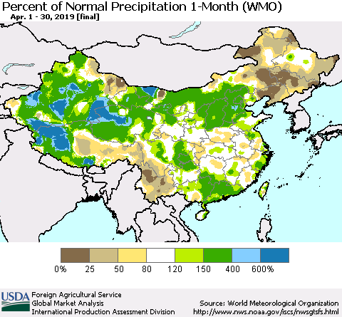 China, Mongolia and Taiwan Percent of Normal Precipitation 1-Month (WMO) Thematic Map For 4/1/2019 - 4/30/2019