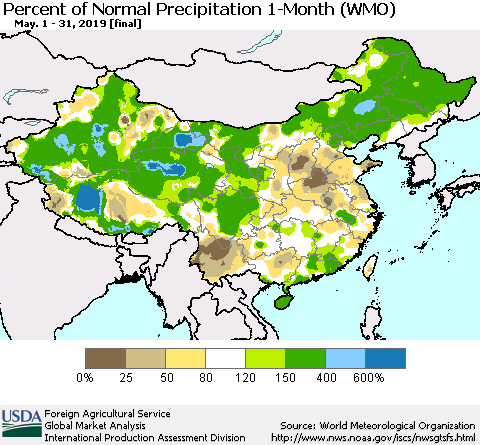 China, Mongolia and Taiwan Percent of Normal Precipitation 1-Month (WMO) Thematic Map For 5/1/2019 - 5/31/2019
