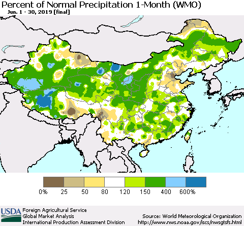 China and Taiwan Percent of Normal Precipitation 1-Month (WMO) Thematic Map For 6/1/2019 - 6/30/2019