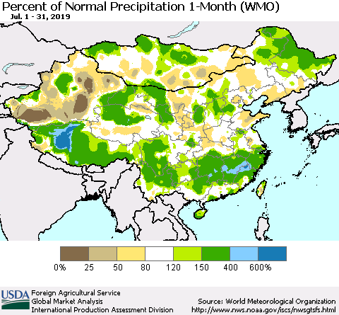China and Taiwan Percent of Normal Precipitation 1-Month (WMO) Thematic Map For 7/1/2019 - 7/31/2019