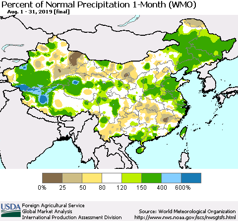 China and Taiwan Percent of Normal Precipitation 1-Month (WMO) Thematic Map For 8/1/2019 - 8/31/2019