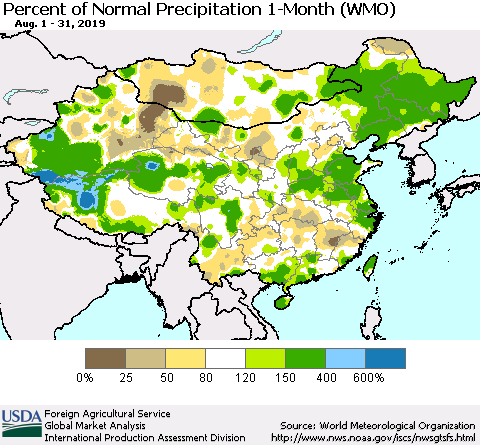 China and Taiwan Percent of Normal Precipitation 1-Month (WMO) Thematic Map For 8/1/2019 - 8/31/2019