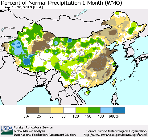 China and Taiwan Percent of Normal Precipitation 1-Month (WMO) Thematic Map For 9/1/2019 - 9/30/2019