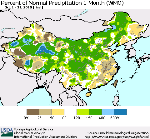 China and Taiwan Percent of Normal Precipitation 1-Month (WMO) Thematic Map For 10/1/2019 - 10/31/2019