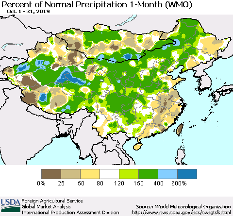 China and Taiwan Percent of Normal Precipitation 1-Month (WMO) Thematic Map For 10/1/2019 - 10/31/2019