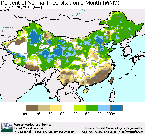 China and Taiwan Percent of Normal Precipitation 1-Month (WMO) Thematic Map For 11/1/2019 - 11/30/2019