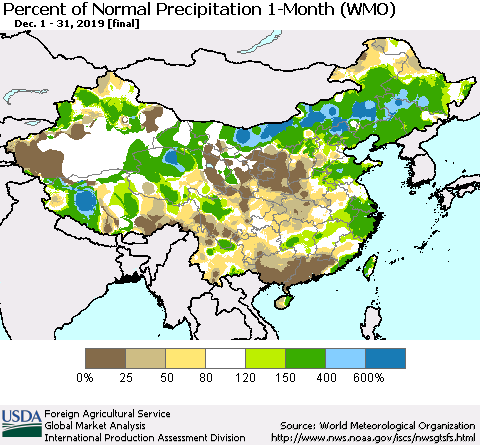 China and Taiwan Percent of Normal Precipitation 1-Month (WMO) Thematic Map For 12/1/2019 - 12/31/2019