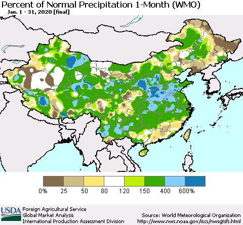 China and Taiwan Percent of Normal Precipitation 1-Month (WMO) Thematic Map For 1/1/2020 - 1/31/2020