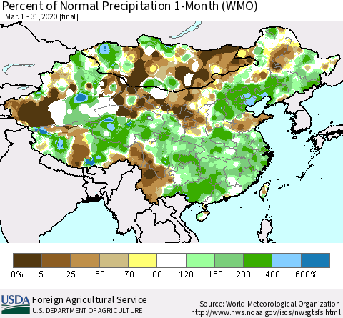 China, Mongolia and Taiwan Percent of Normal Precipitation 1-Month (WMO) Thematic Map For 3/1/2020 - 3/31/2020
