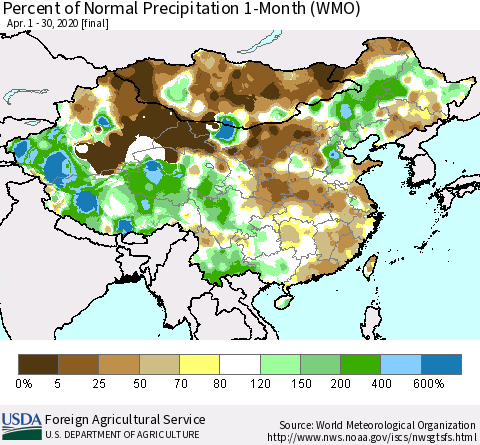 China, Mongolia and Taiwan Percent of Normal Precipitation 1-Month (WMO) Thematic Map For 4/1/2020 - 4/30/2020