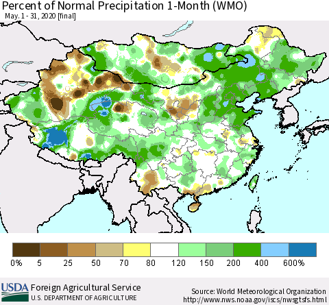 China and Taiwan Percent of Normal Precipitation 1-Month (WMO) Thematic Map For 5/1/2020 - 5/31/2020