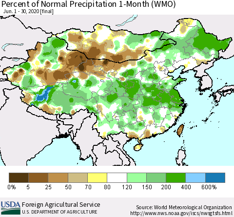China and Taiwan Percent of Normal Precipitation 1-Month (WMO) Thematic Map For 6/1/2020 - 6/30/2020