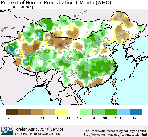 China, Mongolia and Taiwan Percent of Normal Precipitation 1-Month (WMO) Thematic Map For 7/1/2020 - 7/31/2020
