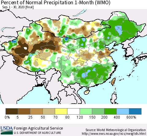 China, Mongolia and Taiwan Percent of Normal Precipitation 1-Month (WMO) Thematic Map For 9/1/2020 - 9/30/2020