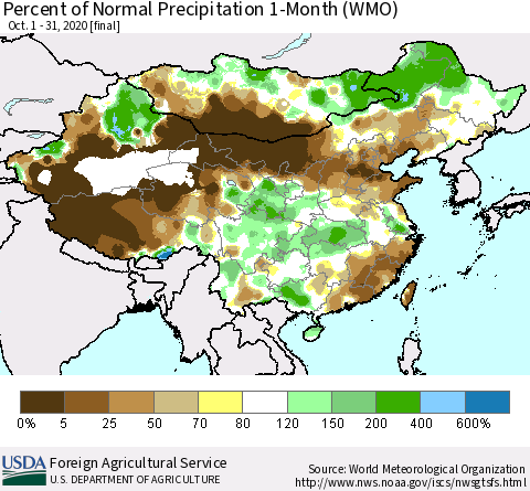 China, Mongolia and Taiwan Percent of Normal Precipitation 1-Month (WMO) Thematic Map For 10/1/2020 - 10/31/2020