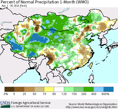 China, Mongolia and Taiwan Percent of Normal Precipitation 1-Month (WMO) Thematic Map For 4/1/2021 - 4/30/2021