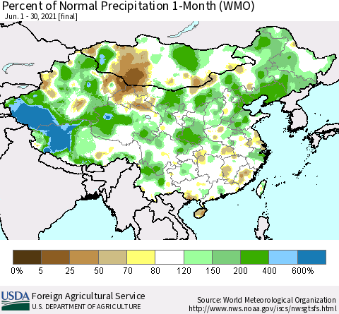China, Mongolia and Taiwan Percent of Normal Precipitation 1-Month (WMO) Thematic Map For 6/1/2021 - 6/30/2021