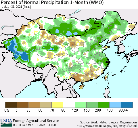 China, Mongolia and Taiwan Percent of Normal Precipitation 1-Month (WMO) Thematic Map For 7/1/2021 - 7/31/2021