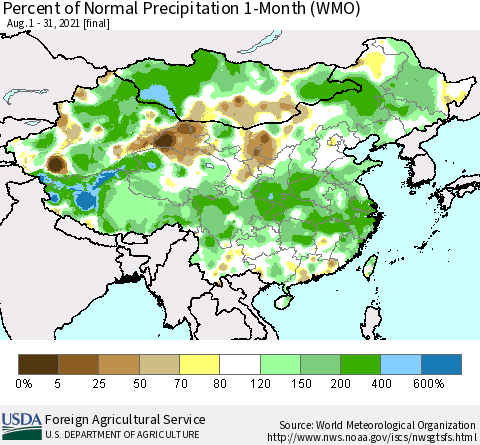 China, Mongolia and Taiwan Percent of Normal Precipitation 1-Month (WMO) Thematic Map For 8/1/2021 - 8/31/2021