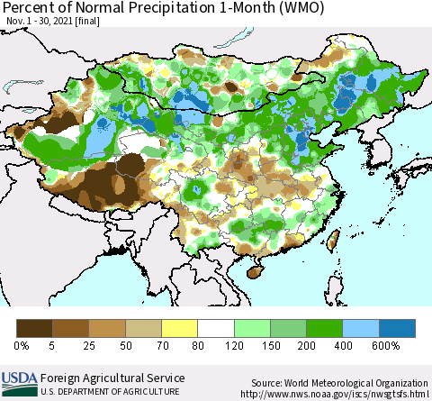China, Mongolia and Taiwan Percent of Normal Precipitation 1-Month (WMO) Thematic Map For 11/1/2021 - 11/30/2021