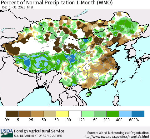 China, Mongolia and Taiwan Percent of Normal Precipitation 1-Month (WMO) Thematic Map For 12/1/2021 - 12/31/2021