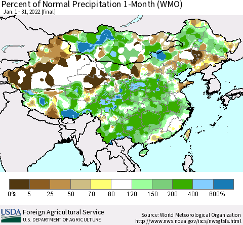 China, Mongolia and Taiwan Percent of Normal Precipitation 1-Month (WMO) Thematic Map For 1/1/2022 - 1/31/2022