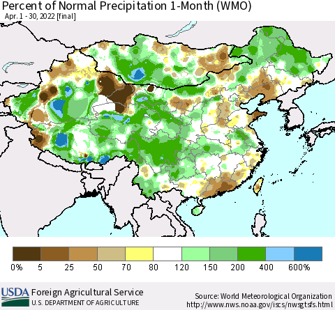 China, Mongolia and Taiwan Percent of Normal Precipitation 1-Month (WMO) Thematic Map For 4/1/2022 - 4/30/2022
