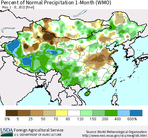 China, Mongolia and Taiwan Percent of Normal Precipitation 1-Month (WMO) Thematic Map For 5/1/2022 - 5/31/2022