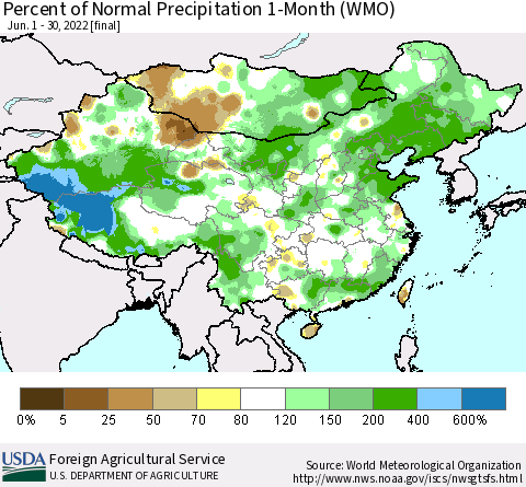 China, Mongolia and Taiwan Percent of Normal Precipitation 1-Month (WMO) Thematic Map For 6/1/2022 - 6/30/2022