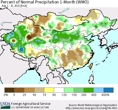 China, Mongolia and Taiwan Percent of Normal Precipitation 1-Month (WMO) Thematic Map For 8/1/2022 - 8/31/2022