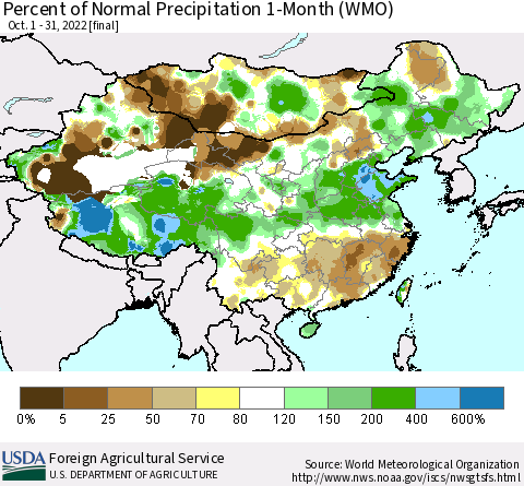 China, Mongolia and Taiwan Percent of Normal Precipitation 1-Month (WMO) Thematic Map For 10/1/2022 - 10/31/2022