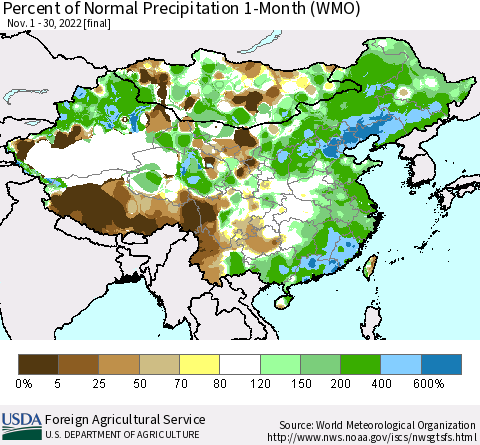 China, Mongolia and Taiwan Percent of Normal Precipitation 1-Month (WMO) Thematic Map For 11/1/2022 - 11/30/2022