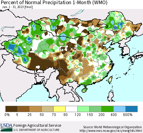 China, Mongolia and Taiwan Percent of Normal Precipitation 1-Month (WMO) Thematic Map For 1/1/2023 - 1/31/2023