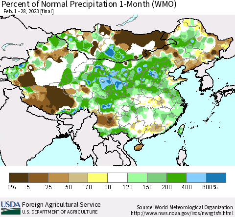 China, Mongolia and Taiwan Percent of Normal Precipitation 1-Month (WMO) Thematic Map For 2/1/2023 - 2/28/2023