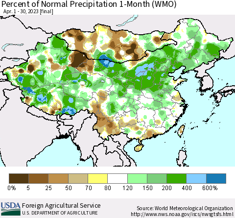 China, Mongolia and Taiwan Percent of Normal Precipitation 1-Month (WMO) Thematic Map For 4/1/2023 - 4/30/2023