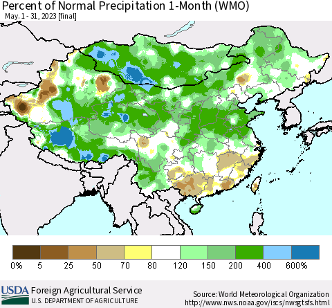 China, Mongolia and Taiwan Percent of Normal Precipitation 1-Month (WMO) Thematic Map For 5/1/2023 - 5/31/2023