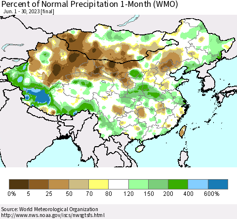 China, Mongolia and Taiwan Percent of Normal Precipitation 1-Month (WMO) Thematic Map For 6/1/2023 - 6/30/2023