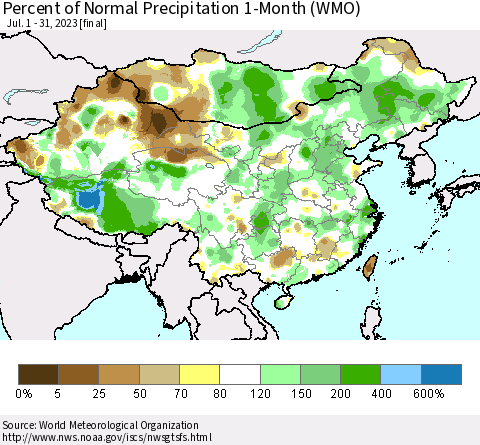 China, Mongolia and Taiwan Percent of Normal Precipitation 1-Month (WMO) Thematic Map For 7/1/2023 - 7/31/2023