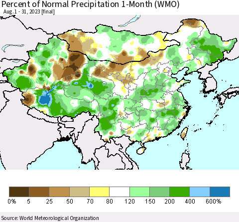 China, Mongolia and Taiwan Percent of Normal Precipitation 1-Month (WMO) Thematic Map For 8/1/2023 - 8/31/2023