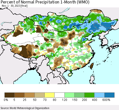 China, Mongolia and Taiwan Percent of Normal Precipitation 1-Month (WMO) Thematic Map For 11/1/2023 - 11/30/2023