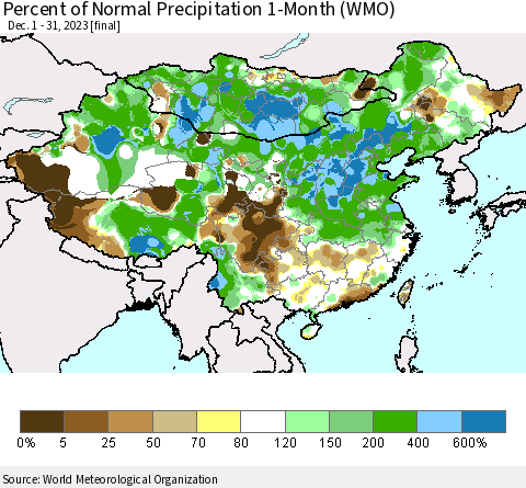 China, Mongolia and Taiwan Percent of Normal Precipitation 1-Month (WMO) Thematic Map For 12/1/2023 - 12/31/2023