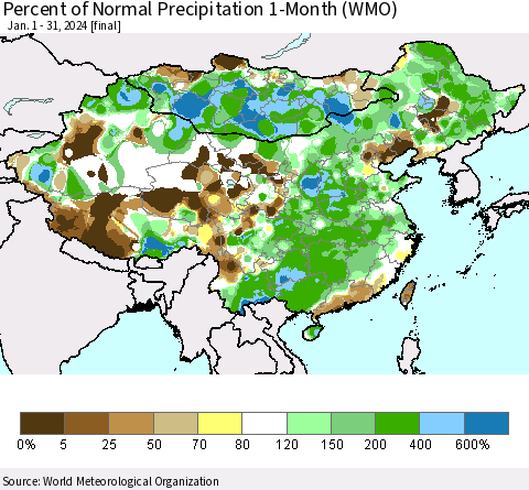 China, Mongolia and Taiwan Percent of Normal Precipitation 1-Month (WMO) Thematic Map For 1/1/2024 - 1/31/2024