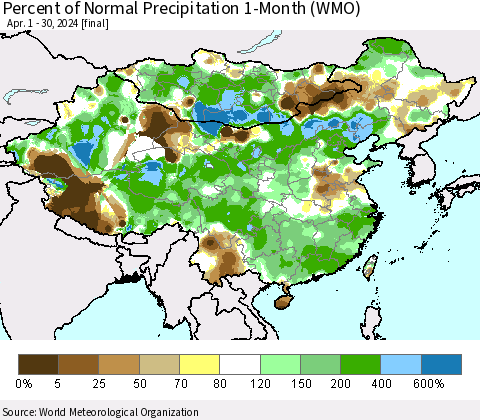 China, Mongolia and Taiwan Percent of Normal Precipitation 1-Month (WMO) Thematic Map For 4/1/2024 - 4/30/2024