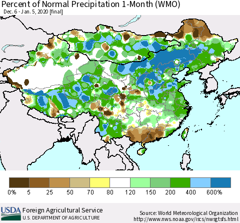 China, Mongolia and Taiwan Percent of Normal Precipitation 1-Month (WMO) Thematic Map For 12/6/2019 - 1/5/2020