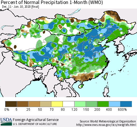 China, Mongolia and Taiwan Percent of Normal Precipitation 1-Month (WMO) Thematic Map For 12/11/2019 - 1/10/2020
