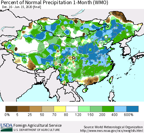 China, Mongolia and Taiwan Percent of Normal Precipitation 1-Month (WMO) Thematic Map For 12/16/2019 - 1/15/2020